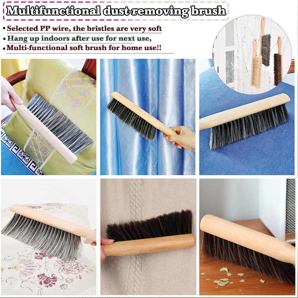 Beech Wood Hand Brush&Natural Solid Wooden Round Handle Brushes,5 Rows of Soft Bristles 11.8" Hand Broom for Cleaning Dusting Stair,Garden,Bed,Sofa,Furniture,Brick,Floor