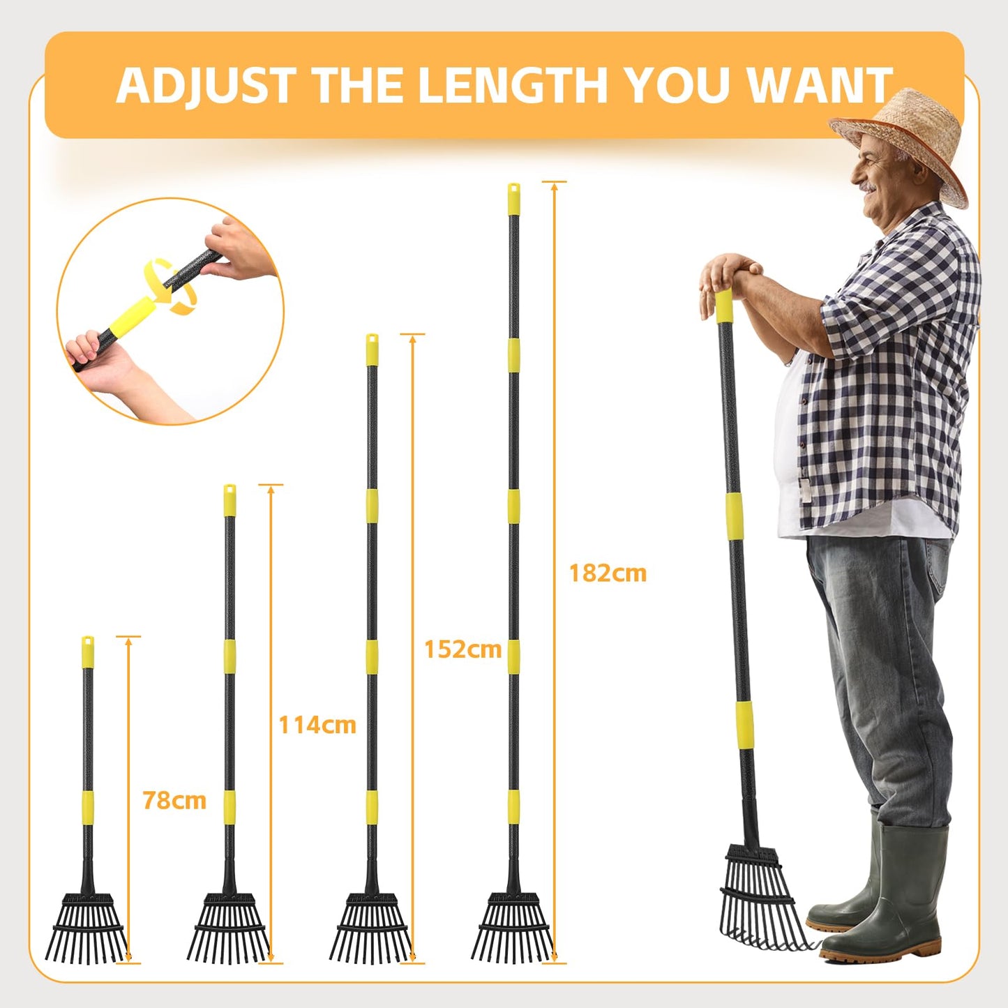 Garden Leaf Rake 6 FT, 21 cm Width, 182 cm Long Heavy Duty Adjustable Steel Handle Shrub Rake for Collecting Debris in Flower Bed, Lawn, Yard