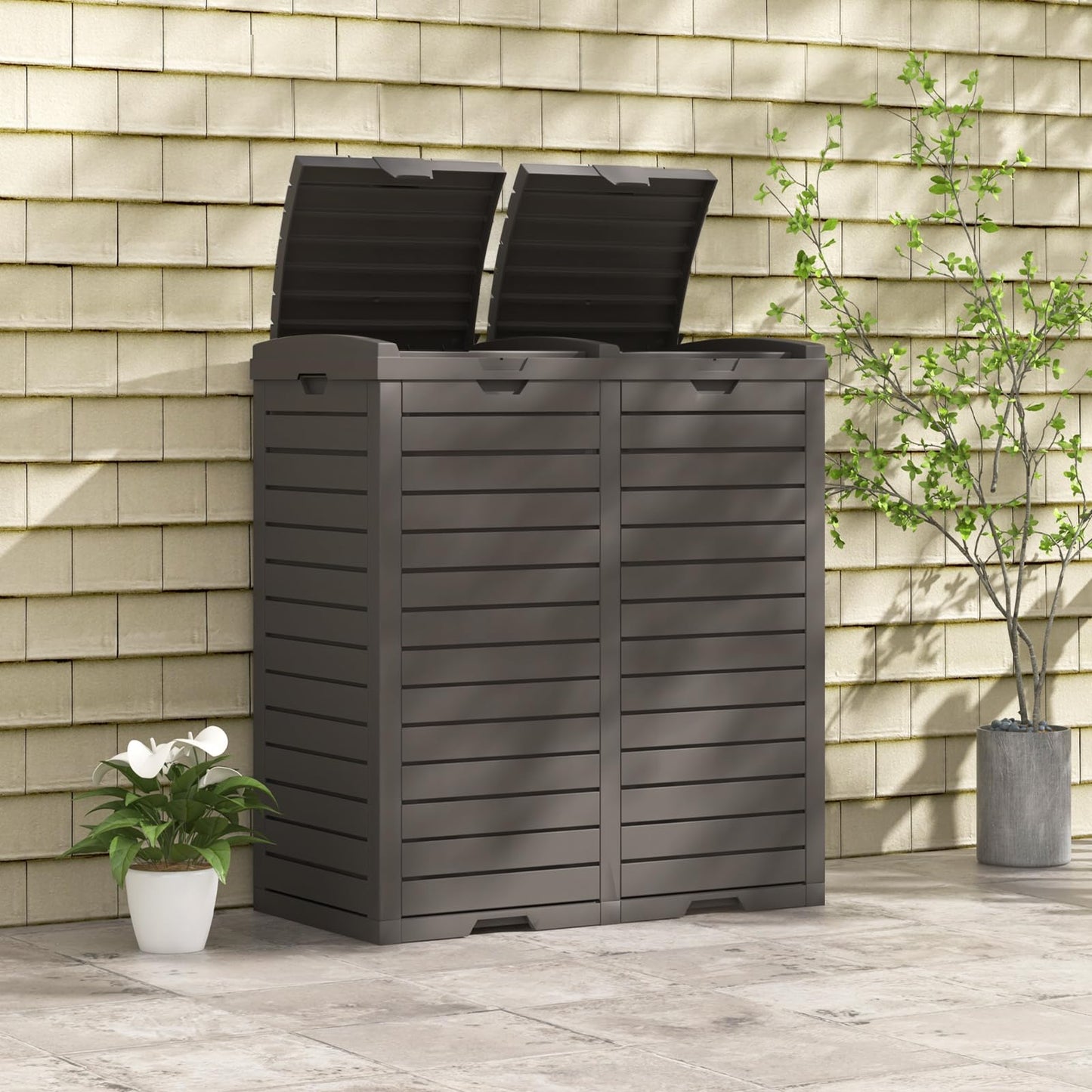 COSTWAY Outdoor Double Bin Trash Can, 235L Waterproof Resin Garbage Can Container with Drip Tray, Dual Lid Closure Design and Handles, Outside Waste Trash Bin for Garden Patio Backyard