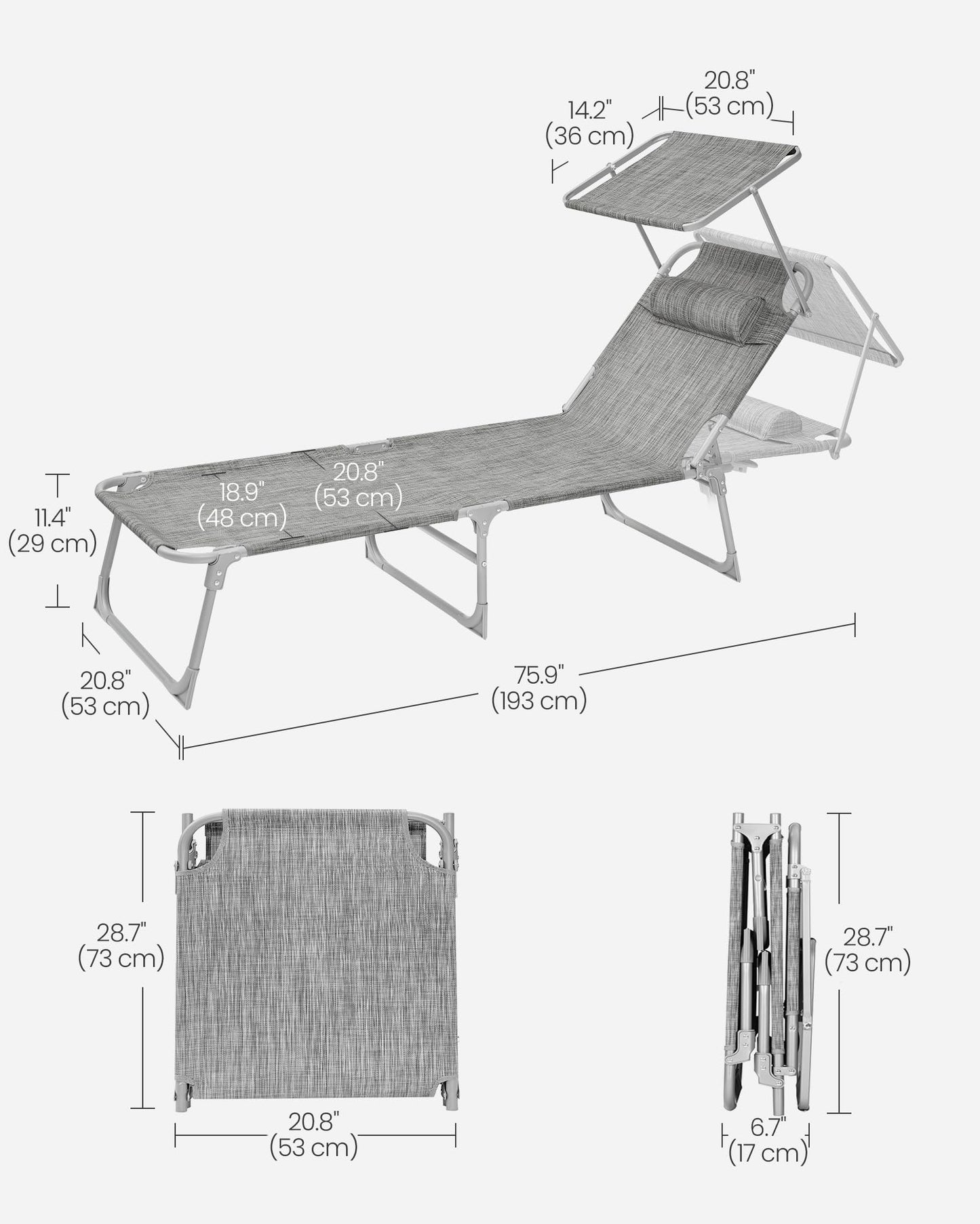 SONGMICS Sun Lounger, Deck Chair Folding, Sunbed, 193 x 53 x 29 cm, Max. Load 150 kg, with Sunshade Headrest Adjustable Backrest, Reclining Sun Chair for Terrace Pool Garden, Greige GCB19T
