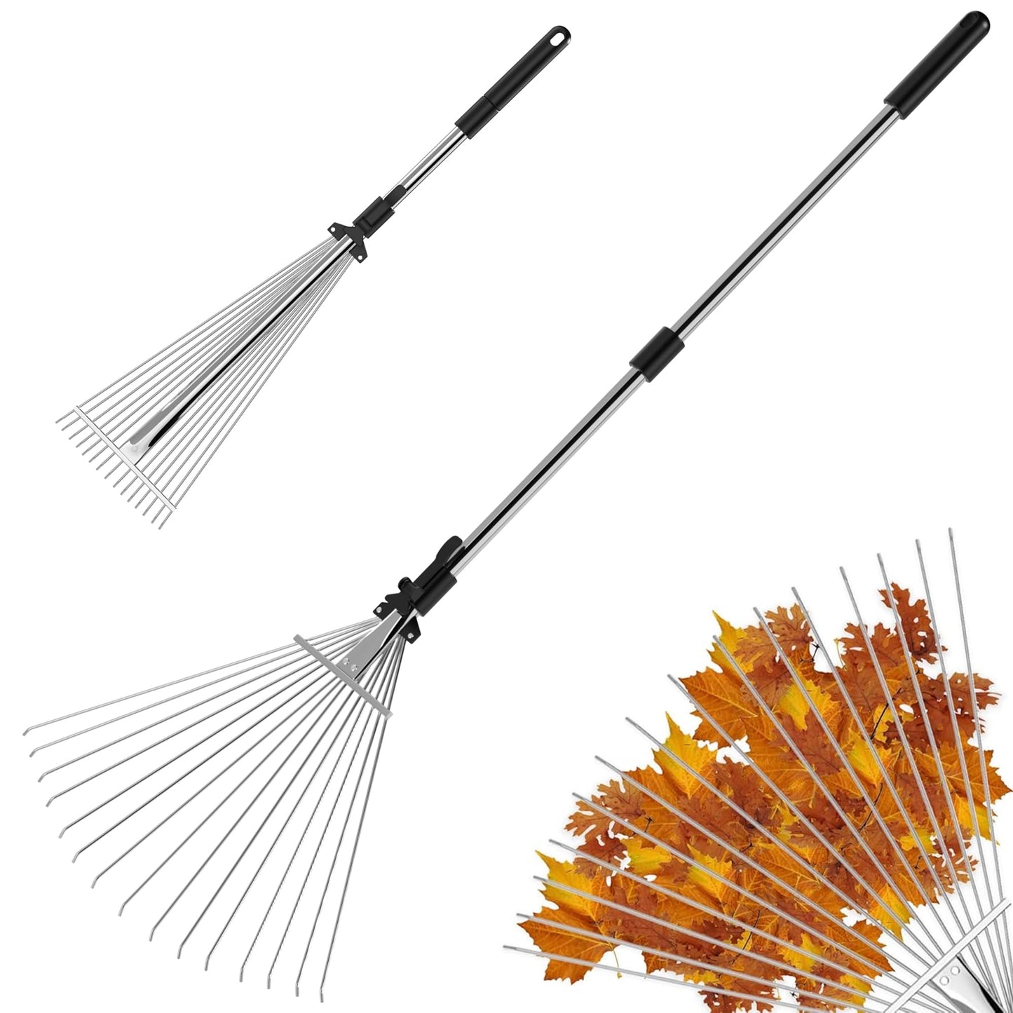 ZENO Garden Rake 25 Tines | Rake for Gardening | 31-67 Inch Adjustable Rakes for Lawns, Artificial Grass & Moss | Heavy Duty Metal Tines & Comfortable Handle | Collapsible Garden Rakes | Silver