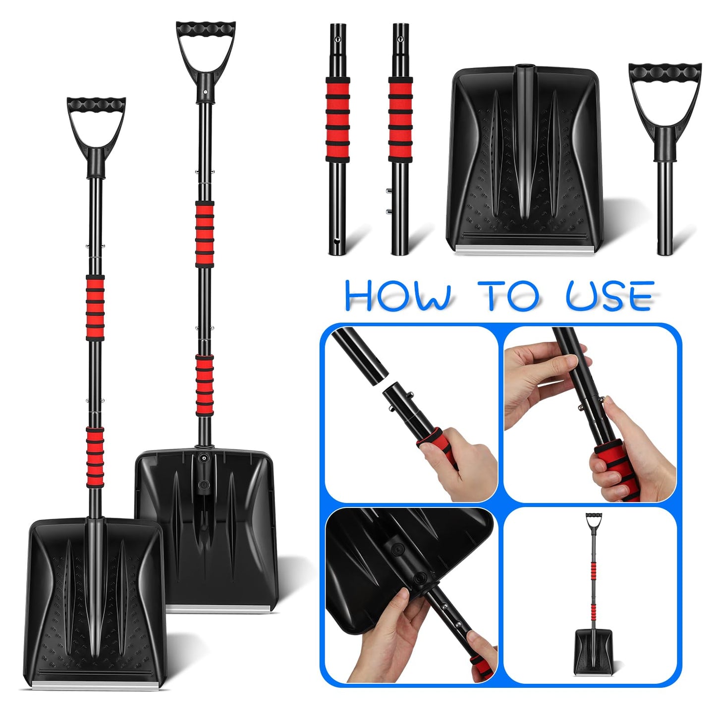 YARNOW 43 Collapsible Shovel with D-Grip Handle, Detachable Four-Piece Construction Snow, Sand, Mud Removal Tool for Car, Camping, Garden, and Other Outdoor Activities