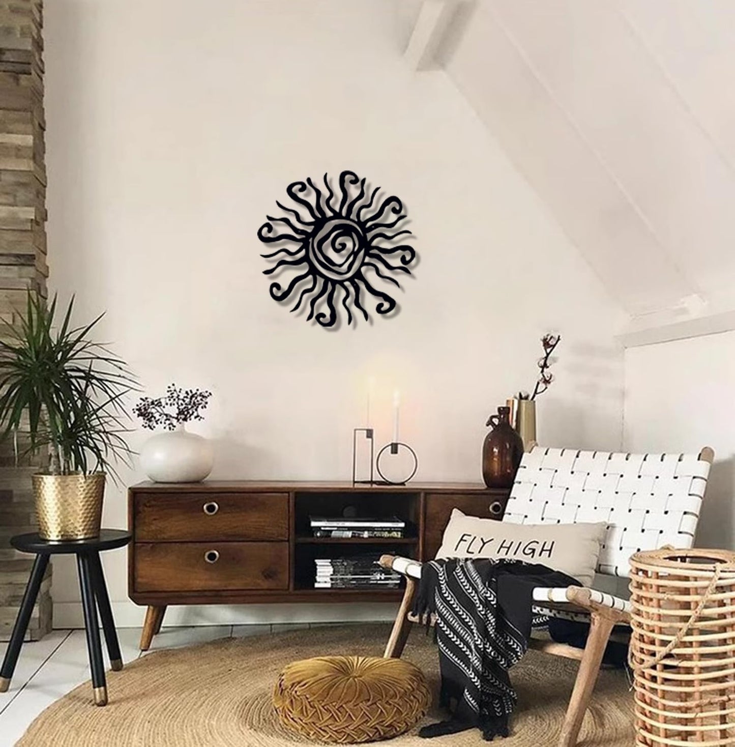 Huspox 40cm Wacky Sun Metal Wall Art Indoor Outdoor Decor - Black Rust Proof Wall Sculpture - Hanging Wall Art Ideal for Bedroom Garden Home Patio and Farmhouse