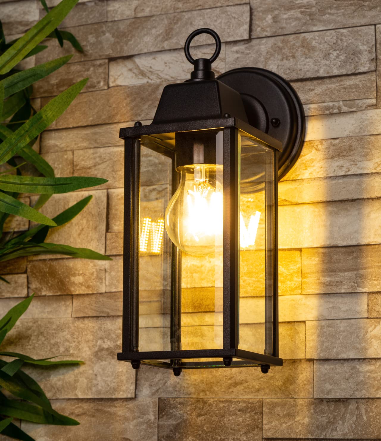 CGC Lighting Outdoor Outside Wall Light Mains Power Bevelled Glass Coach Lantern Porch Garden Decorative Lamp Fixture Waterproof (Black)