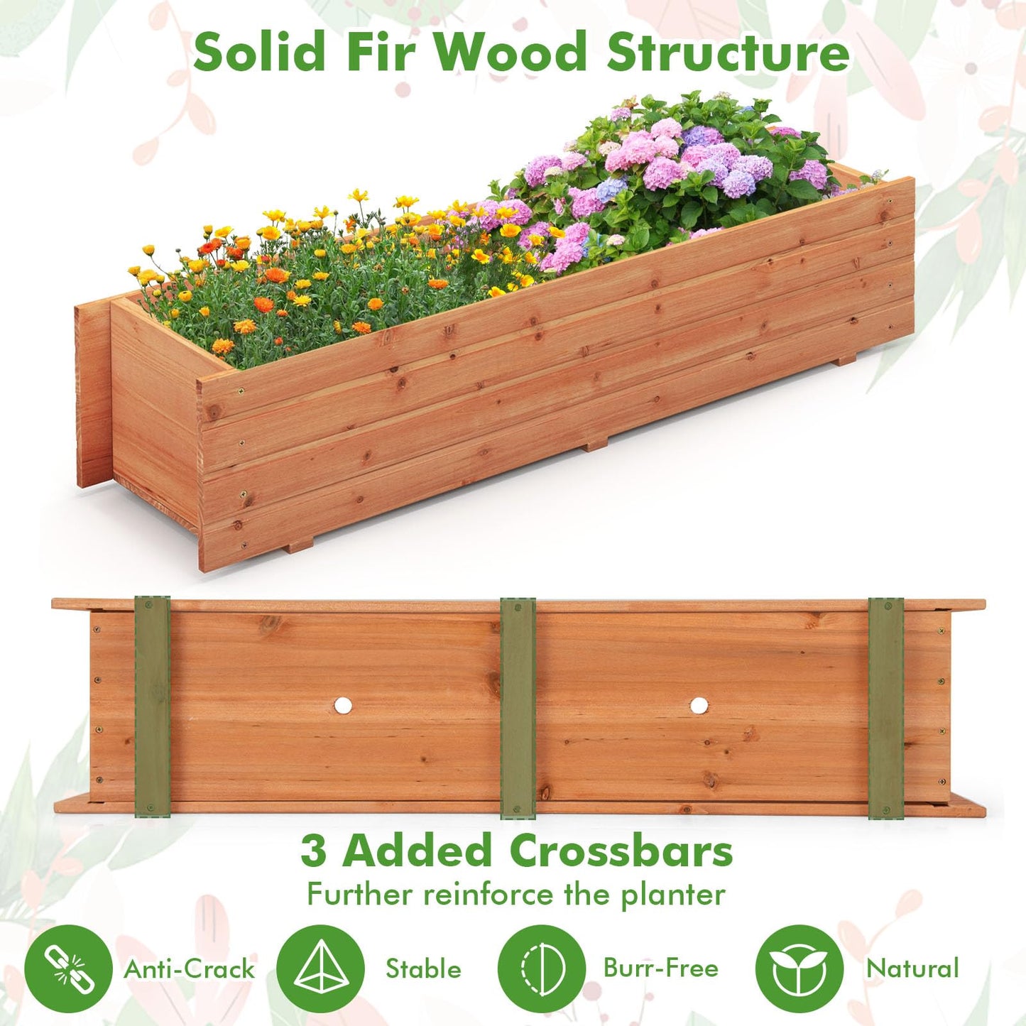 GiantexUK Wooden Garden Planter, Rectangular Raised Bed Flower Pot with 2/4 Drainage Holes, Indoor Outdoor Elevated Planter Boxes Container for Plants Herbs Fruits Vegetables (112x26x25cm, 2 Holes)