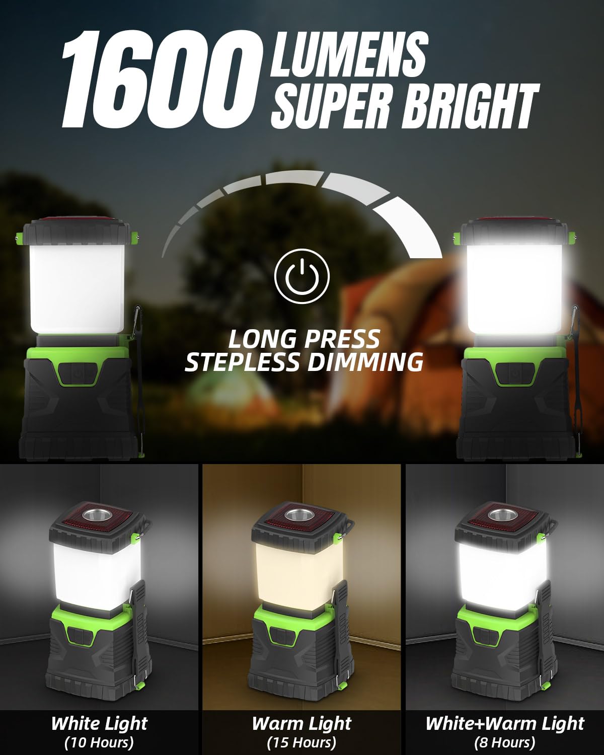 Maxesla 4 in 1 Rechargeable Camping Lantern with Hand Belt, 1600 Lumen LED Camping Lights, 15-20 Hours Long Battery Life, 8 Modes Dimmable Waterproof Tent Light for Camping, Emergency, Hiking, Fishing