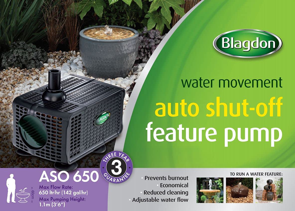Blagdon Water Feature Pump with Auto Shut Off Sensor Prevents Burnout, Adjustable Flow Control, Reduced Cleaning, 3 Hose Fitting Adaptors, Pumps up to 650 Litres/Hour, Max Pumping Height 1.1m