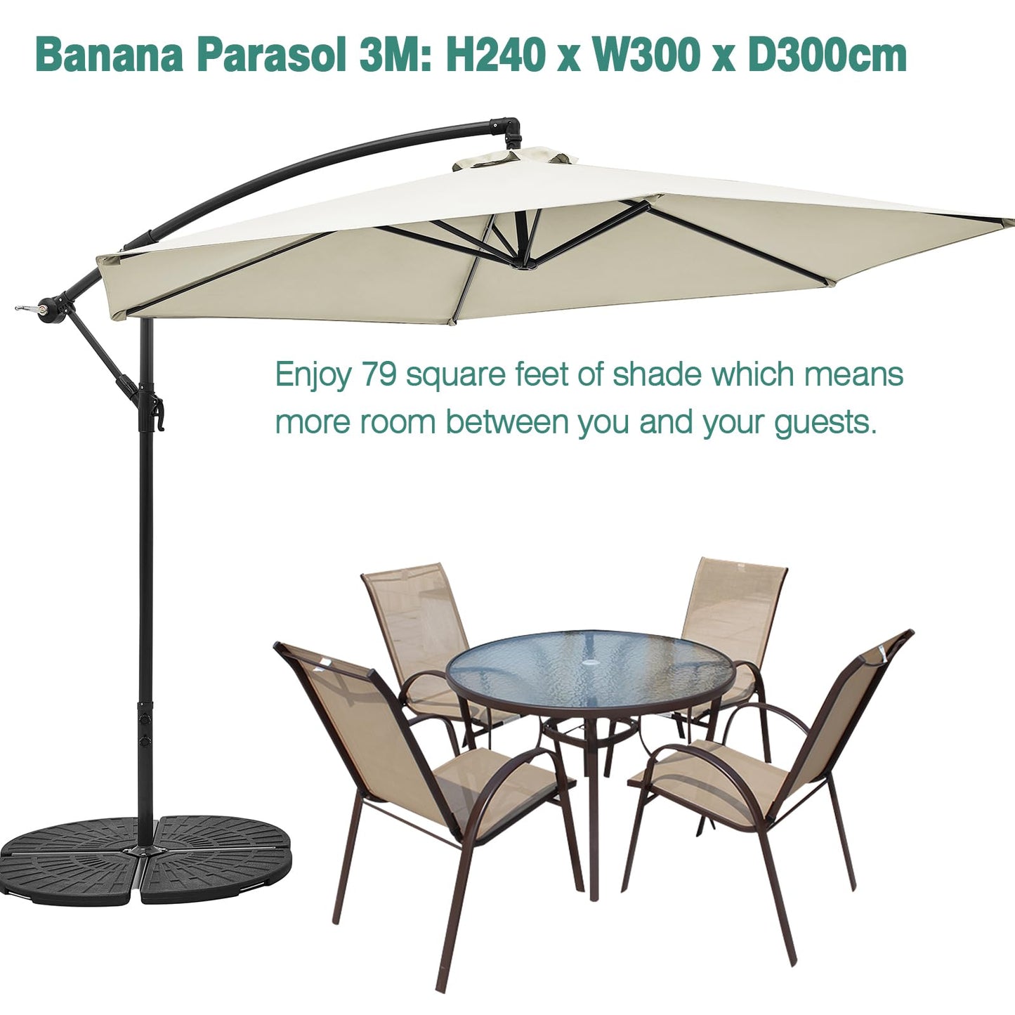 Vivo Technologies 3m Cantilever Garden Parasol, Banana Patio Umbrella Freestanding Parasol Hanging Parasol with Crank Handle and Tilt for Outdoor Garden and Patio Sun Shade Cream