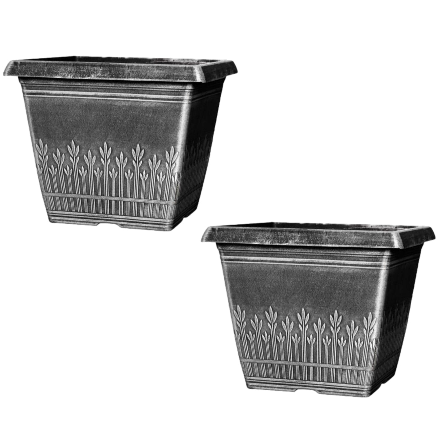 FYNE-FINDS Set of 2 Square 26cm, 10inch Garden Plant Pot Brushed Silver Grey Wheat Flower Weatherproof Drainage Hole Planter