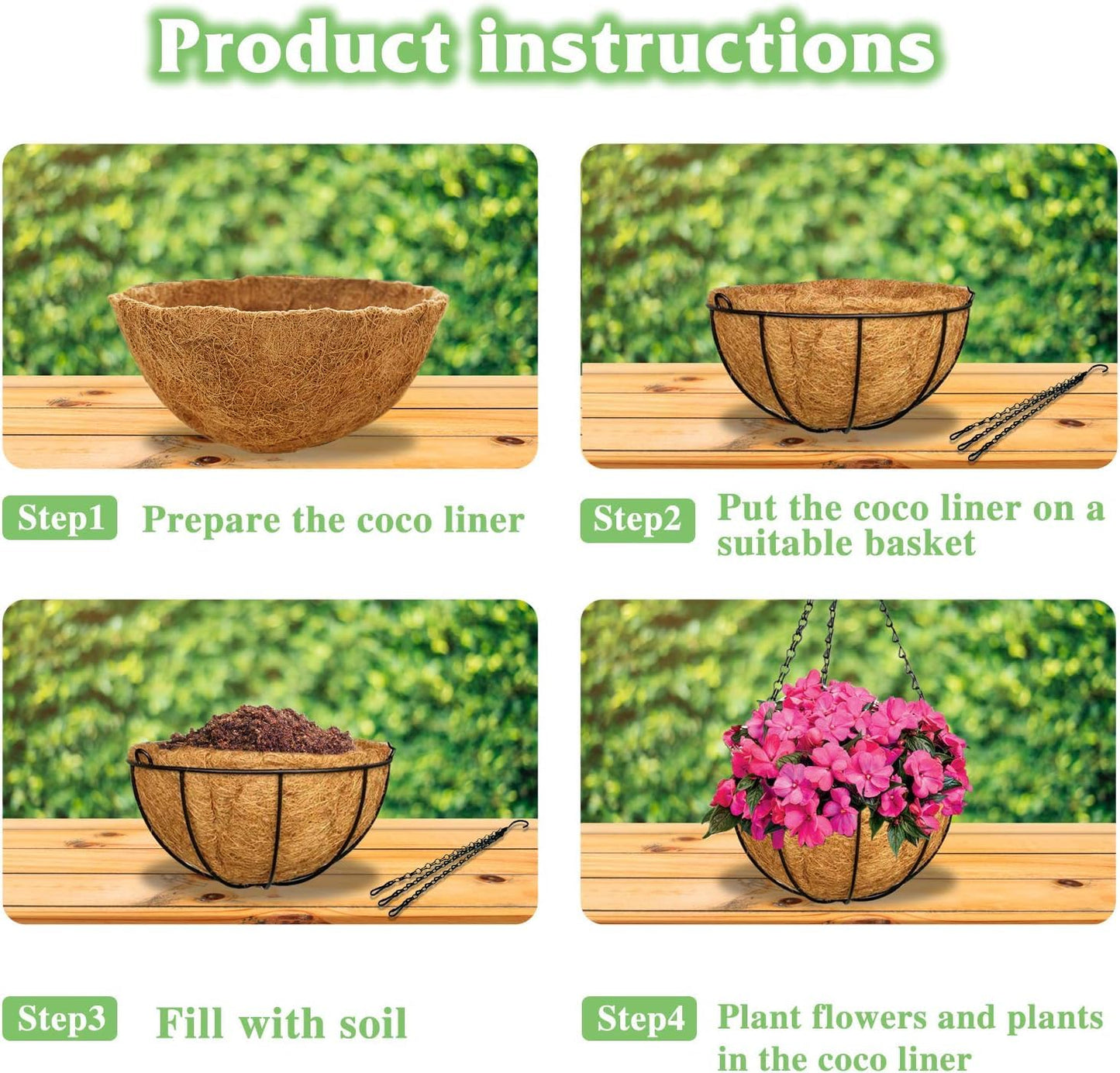 LATERN 4Pcs Metal Hanging Basket with Coco Liner, 20CM Round Metal Hanging Flower Pots Coconut Coir Liner Planter with 40cm Black Chain for Garden Porch Balcony Patio Plant Flower Decoration