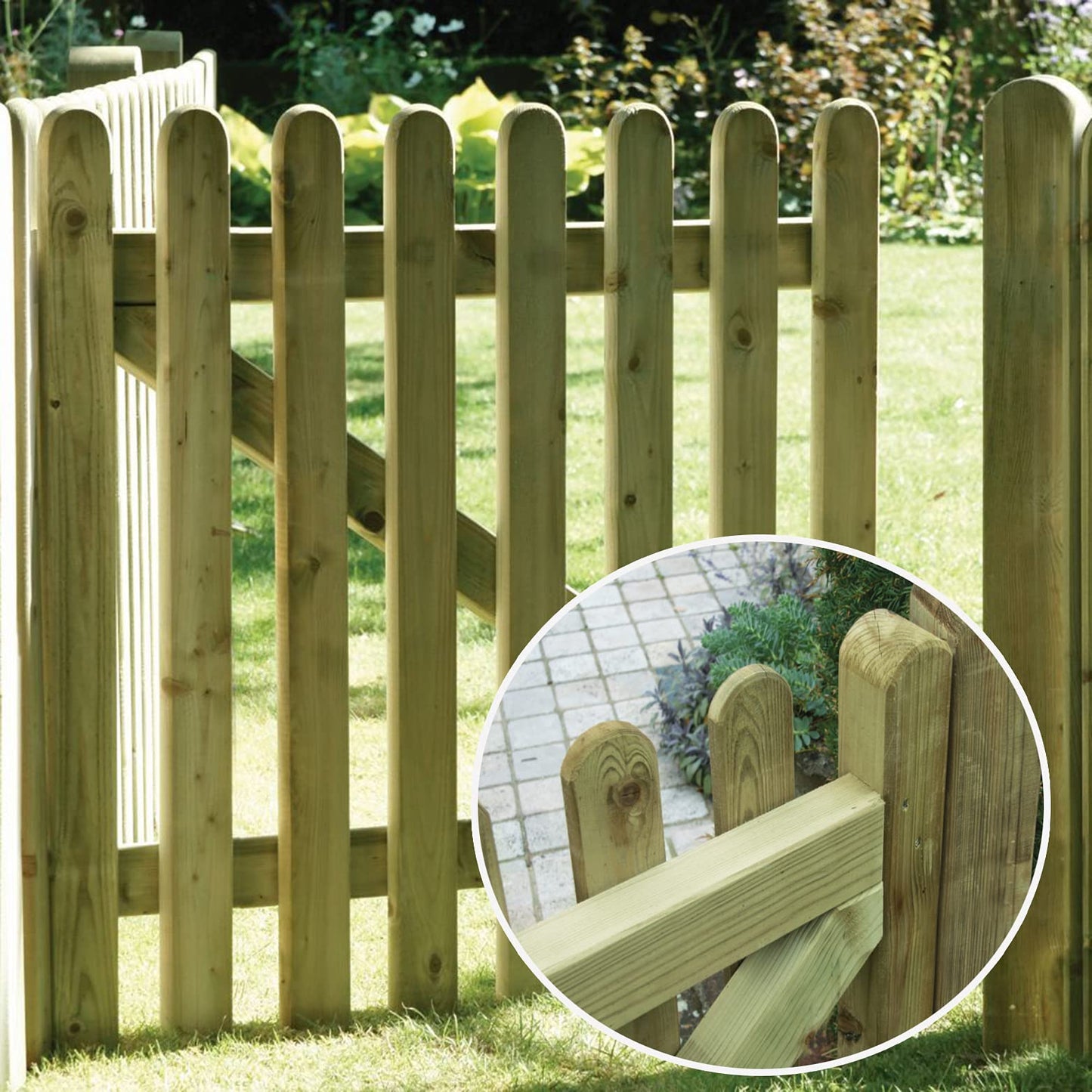 tradefirst Round Top Picket Garden Gates, Wooden Picket Fence Panels 3ft, Garden Gate 90cm Wide, FSC TANALISED Wooden Gate, Outdoor Gate H x L (90cm x 90cm)