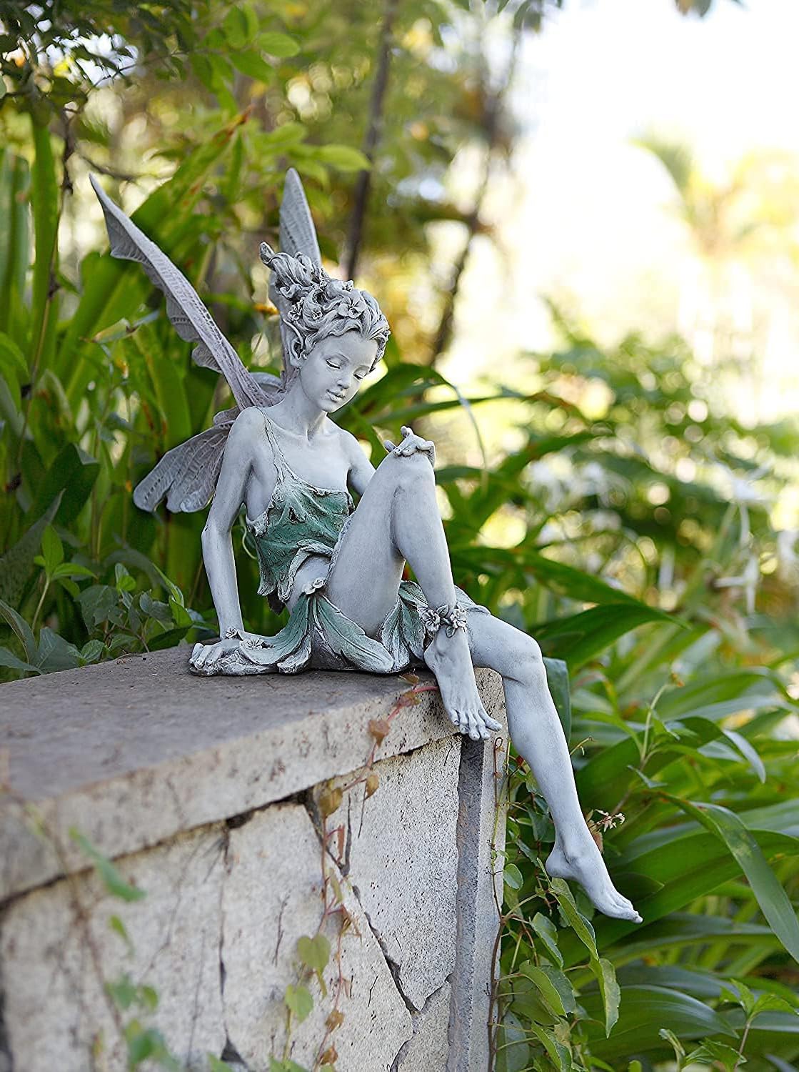 LSRVNM Fairy Garden Ornaments Outdoor 22cm Resin Sitting Fairy Statue Flower Fairy Figurine with Wings, Miniature Fairies Sculpture for Garden, Patio