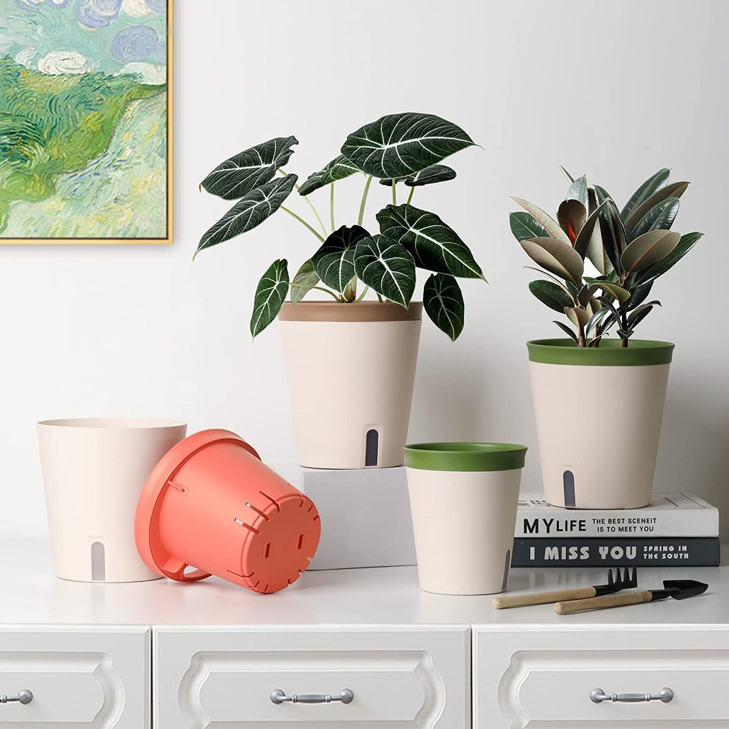 LATERN 3Pcs Self Watering Planter Pot, 12.5CM Round Plastic Plant Pot Garden Flower Bonsai Pots for Aloe Herb Orchid Succulent Plants - with Water Level Window and Drainage Hole Hidden Tray