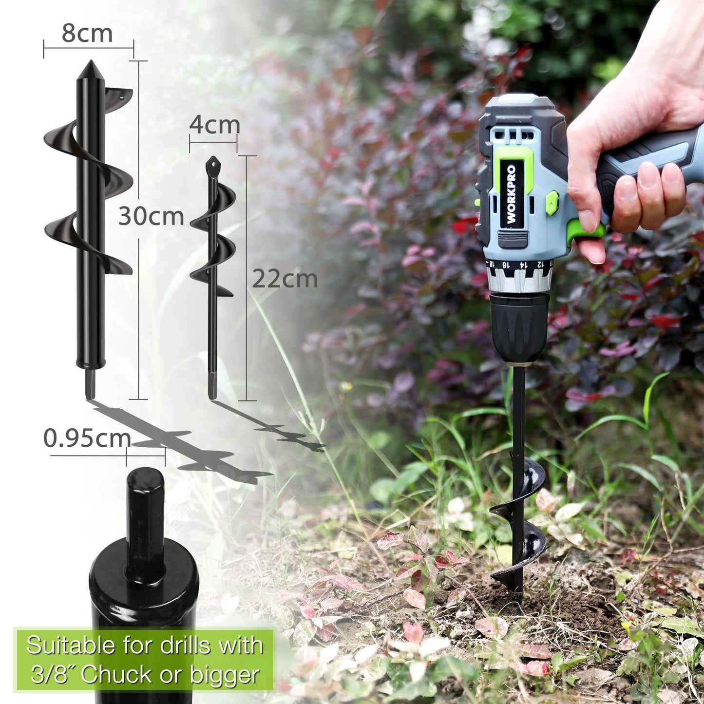 WORKPRO Auger Drill Bit Set with Hex Drive 2-Piece, Garden Post Hole Digger for Planting Bulbs Seedlings, 4x22cm 8x30cm
