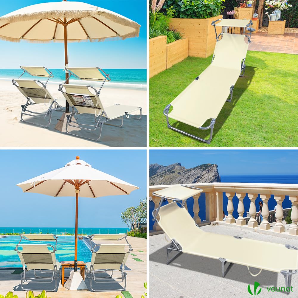VOUNOT® Folding Sun Loungers Set of 2, Sunbed with Adjustable Backrest & Sunshade for Garden, Beach, Patio, Pool, Camp, Load 110 kg, Beige