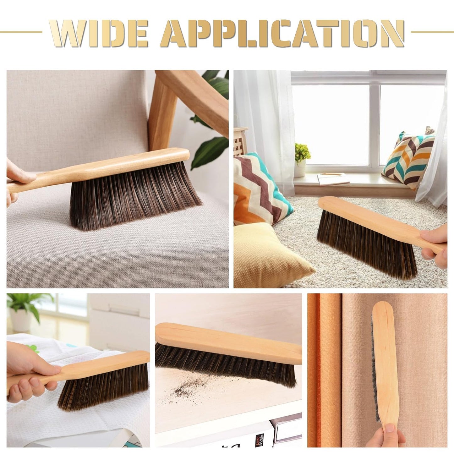 2 Pieces Woooden Dust Brush Hand Broom Bench Brush with Long Wood Handle Whisk Broom Soft Bristle Brush for Counter Bed Sofa Car Fireplace Clothes Household Cleaning(Brown)
