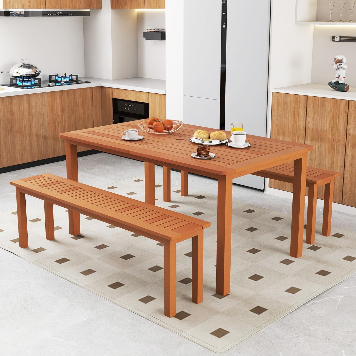 TANGZON Large Garden Table for 6, 150 x 90cm Rectangular Outdoor Dining Table with 5cm Parasol Hole & Slatted Top, Hardwood Patio Bistro Tables Furniture for Balcony Backyard Lawn