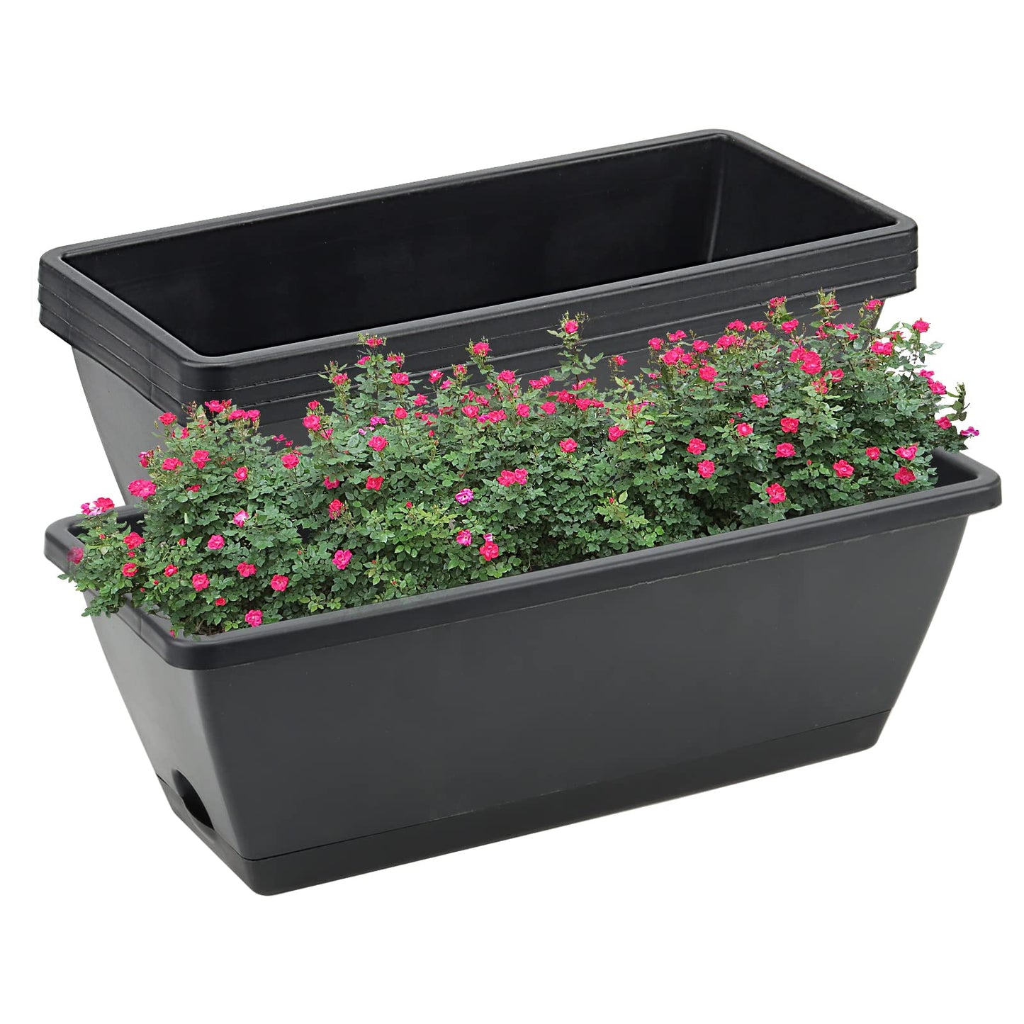 MUKCHAP 4 PCS 42cm/17 Inch Black Plastic Window Flower Plant Boxes, Rectangular Window Box Planter with Trays, Windowsill Planter for Vegetables