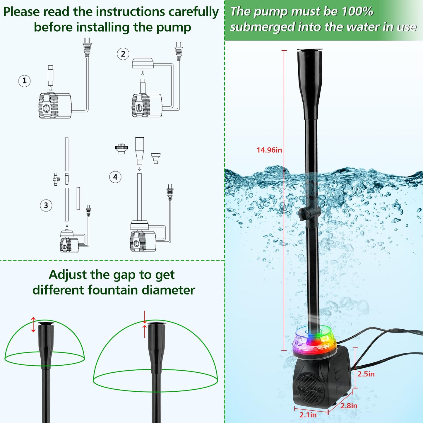 NATPOW Mini Submersible Water Pump, 800L/H Fountain Pump with 3 Colorful LED Lights, Pond Pumps with Mushroom and Blossom Spray Head for Aquarium Fish Tank, Outdoor Fountain, Water Feature