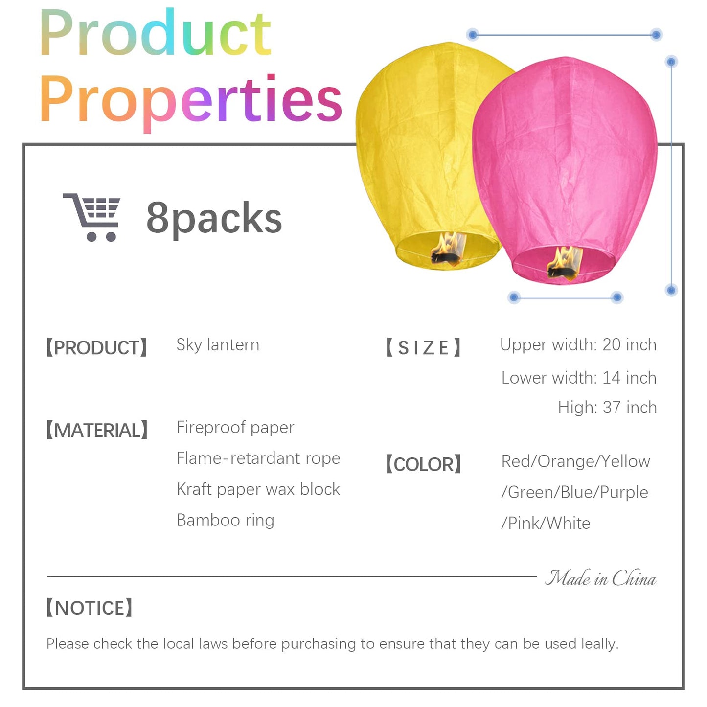 Chinese Sky Lanterns (8 Pack) 100% Biodegradable No Assembly Required - Beautiful Lantern for Weddings, Birthdays, Parties,Memorials and Much More