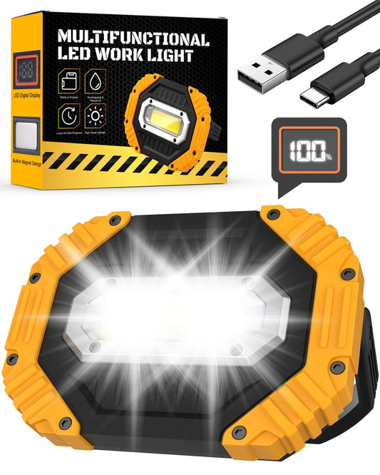 KALAHOL 2025 Upgraded 30W LED Rechargeable Work Light with Digital Display, 2500LM Super Bright Outdoor COB Floodlight with 7 Modes, IP65 Emergency Security Light with USB for Garage Camping Hiking