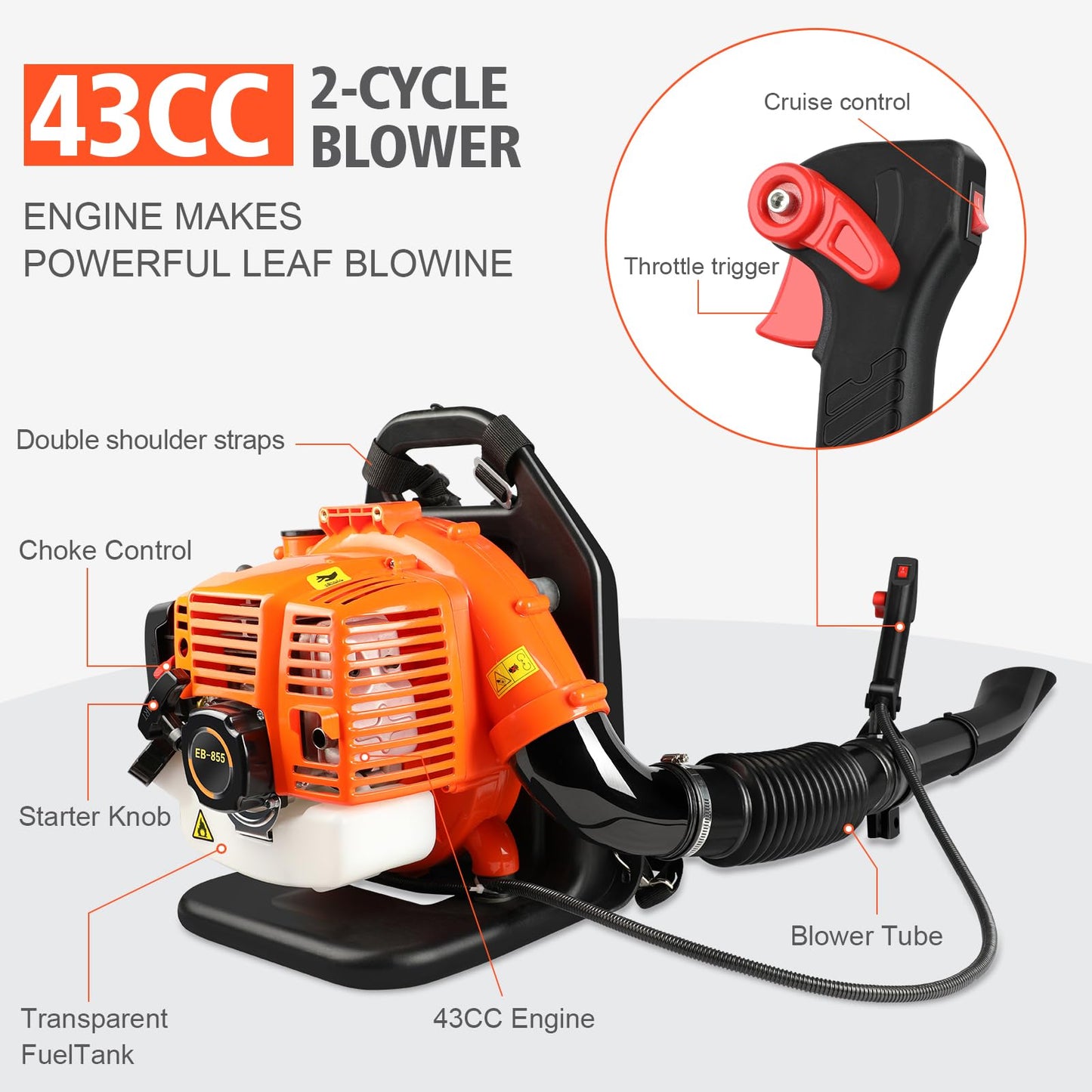 LabTEC 2 Stroke Gas Powered Leaf Blower, 43CC Petrol Backpack Leaf Vacuum, Speed-adjusted Cordless Garden Blower for Cleaning Patios Leaves Grass Cutting Blowing Shredding Dusting Snow Removing