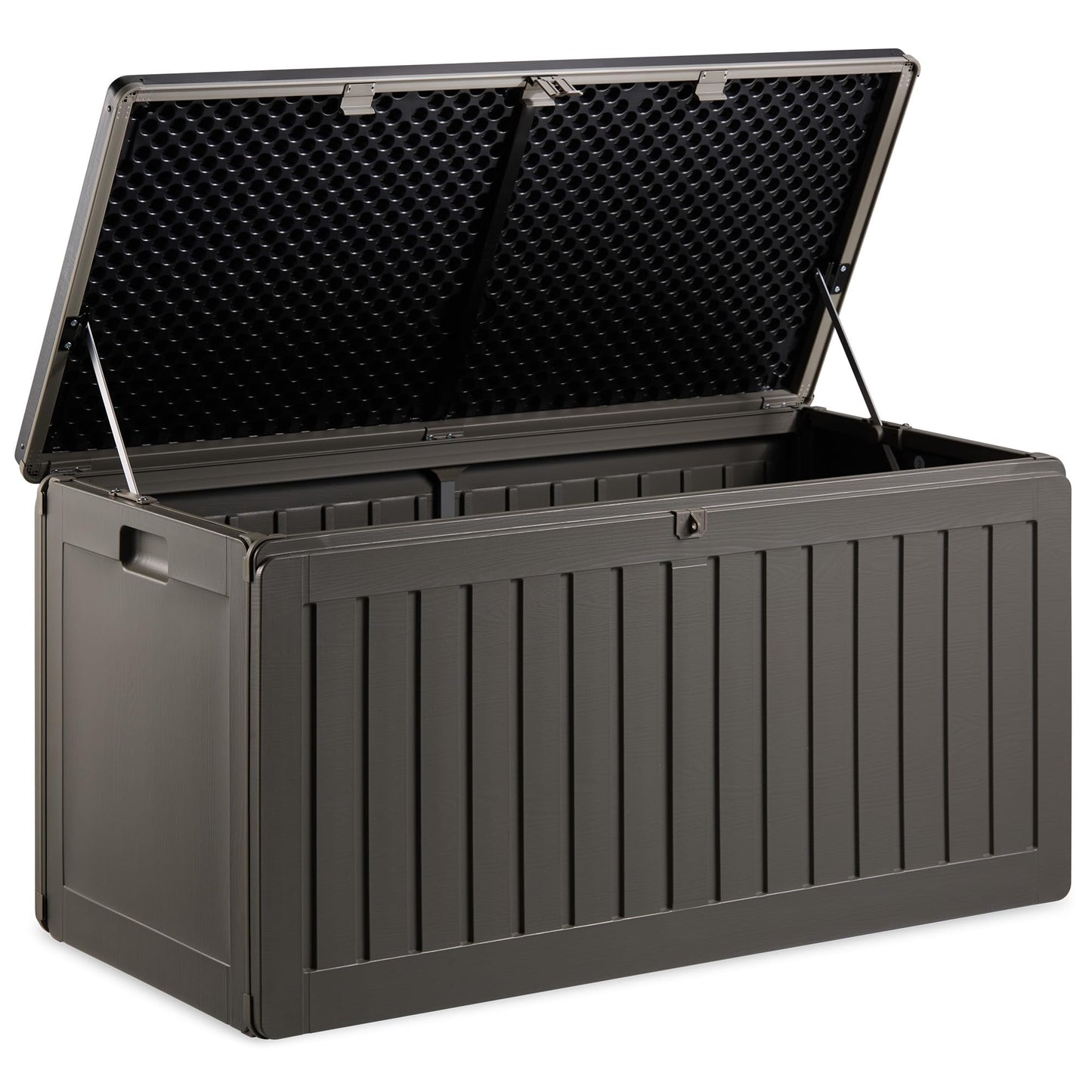 VonHaus Garden Storage Box 270L – Outdoor Utility Chest Organiser – Weatherproof Plastic, Lockable Lid, Sliding Bar Hinge, Carry Handles, Portable – For Garden, Patio, Balcony, Decking – Grey, Black
