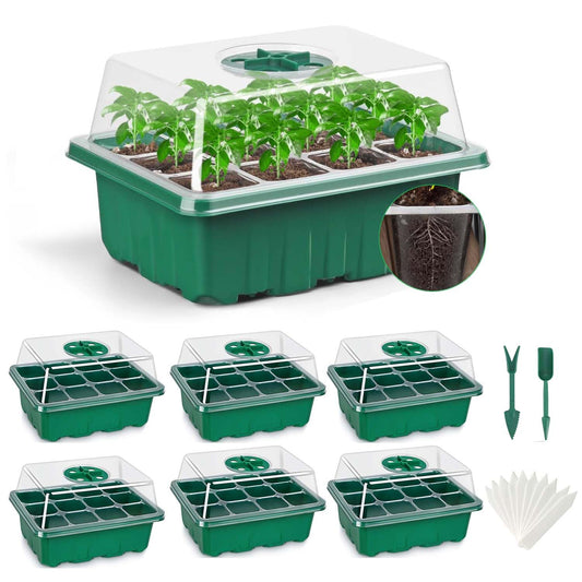 Feizeisun Seed Trays, 6 Pack 72 Cells Propagator Thicken Seed Trays for Seedlings Reusable Seed Trays with Lids Seed Propagators Plant Germination Trays Kit for Greenhouse & Garden, Green