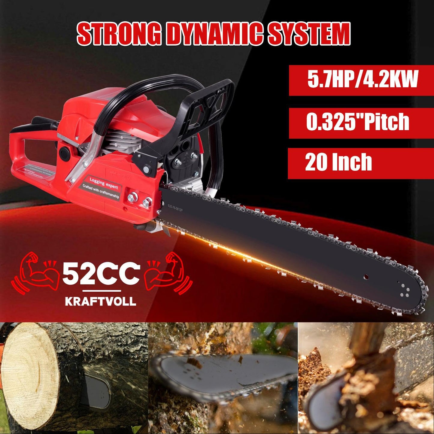 Bellanny 52cc 20inch Petrol Chainsaw, 4.2KW 11500PRM Powerful Gasoline Chainsaw, 2-Stroke Engine with 550ML Large Capacity Fuel Tank, Metal Saw Blade for Trimming Branches or Felling Big Trees - Red