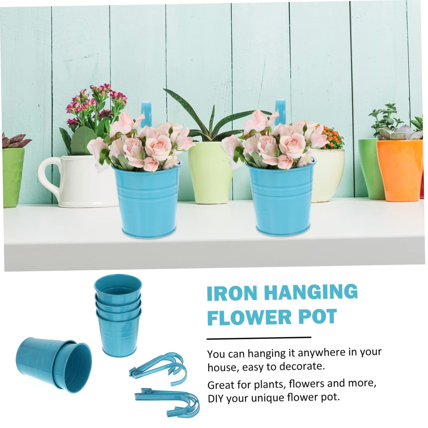 OFFSCH 6pcs Hanging Tin Flower Bucket French Country Decor Outdoor Metal Flowers Outdoor Plant Pots Iron Flower Pot Small Hanging Planters Blue Hanging Iron Bucket Flower Holder Metal