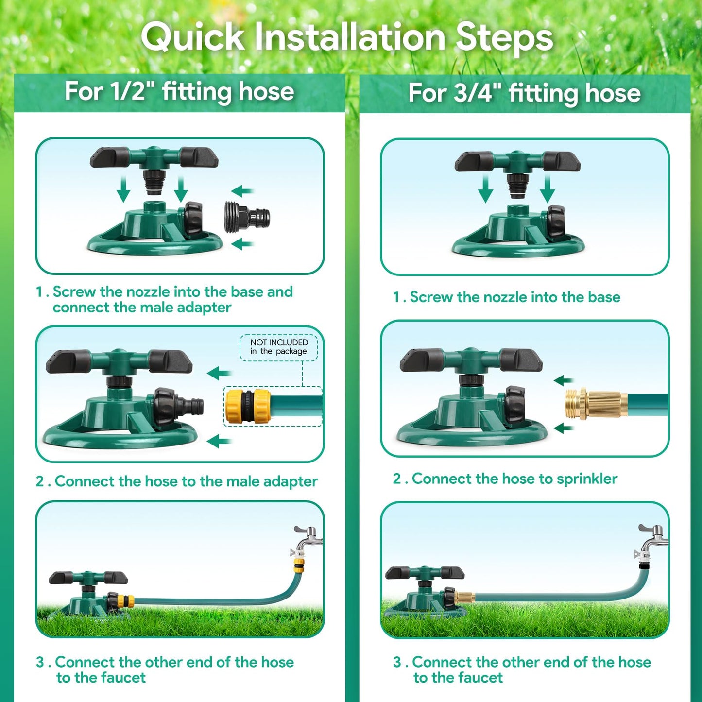 HTLY SPR Garden Sprinkler, Automatic Lawn Sprinkler 360 Degree Rotating 3 Arms Adjustable Water Sprinkler System Large Coverage for Garden Plants Lawn Watering Lawn Irrigation