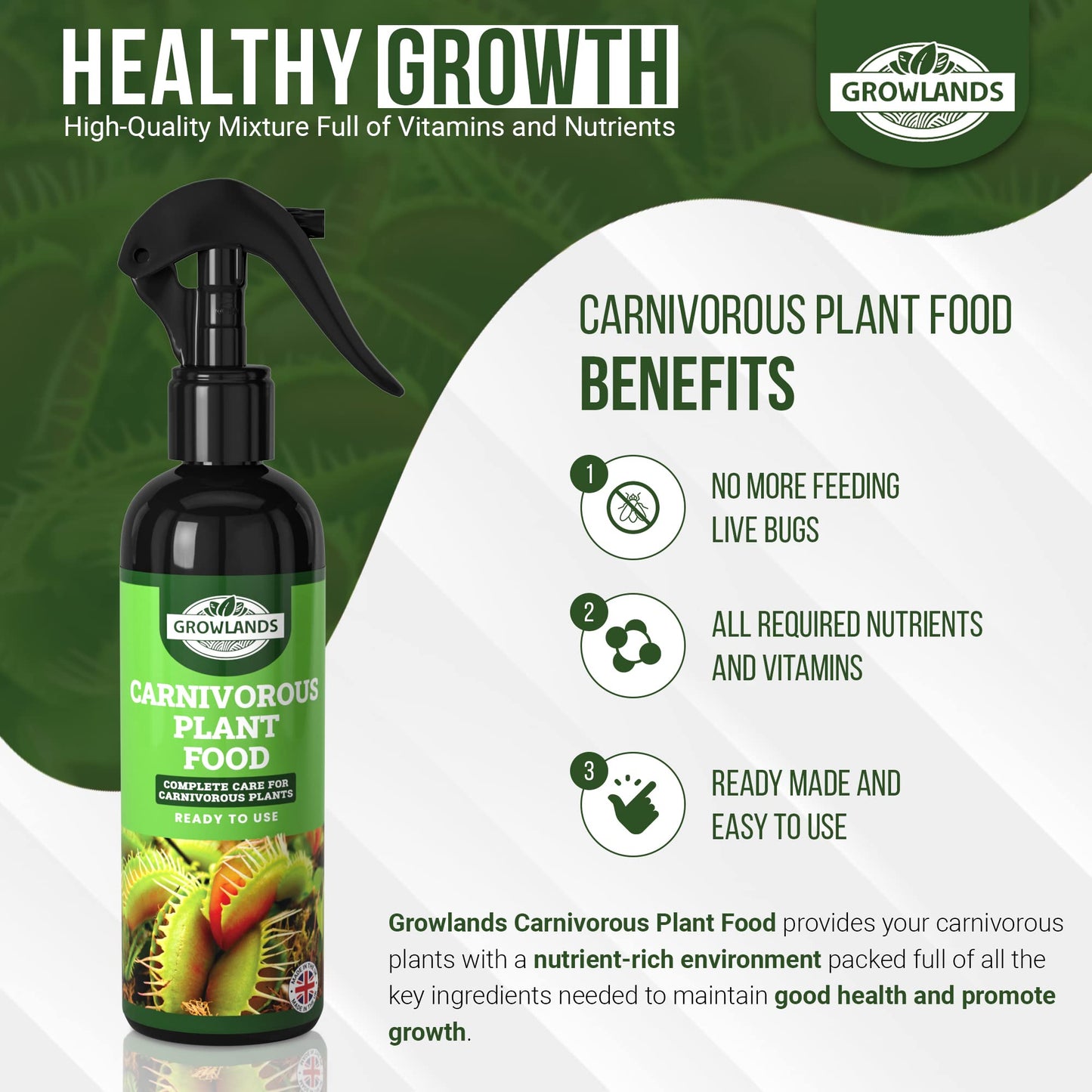 Growlands Carnivorous Plant Food Spray - 300 ml Plant Fertilizer - Designed for all Carnivorous Plants - Venus Fly Trap Plant Food, Sundew Food, Pitcher Plant Food - Ready to Use Spray