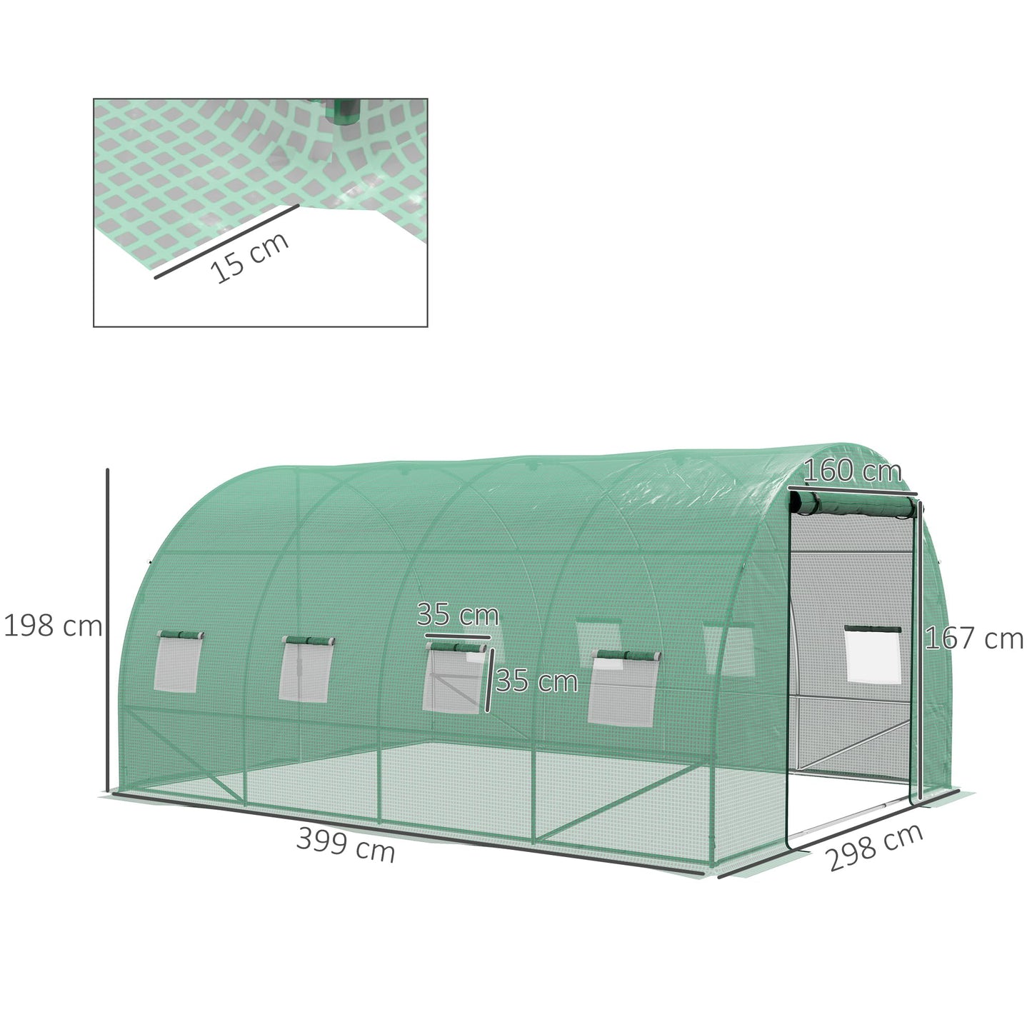 Outsunny 4 x 3(m) Polytunnel Greenhouse with Sprinkler Irrigation System, Walk-in Green House for Garden with Wide Roll-up Door, 8 Mesh Windows, Galvanised Steel Frame, Green