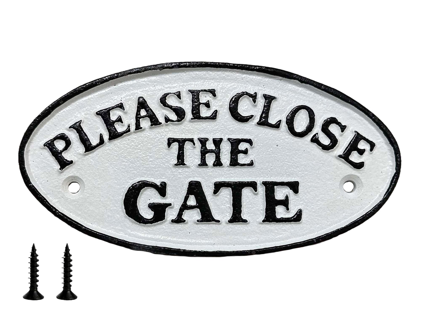 Please Close The Gate Sign With Screws Cast Iron Plaque 17.5cm Traditional Black White Rustic Finish 7inch Keep Children Pets Safe Easy Read Simple Fix Metal Garden Sign Wooden Gates