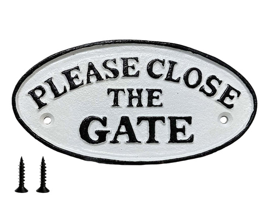 Please Close The Gate Sign With Screws Cast Iron Plaque 17.5cm Traditional Black White Rustic Finish 7inch Keep Children Pets Safe Easy Read Simple Fix Metal Garden Sign Wooden Gates
