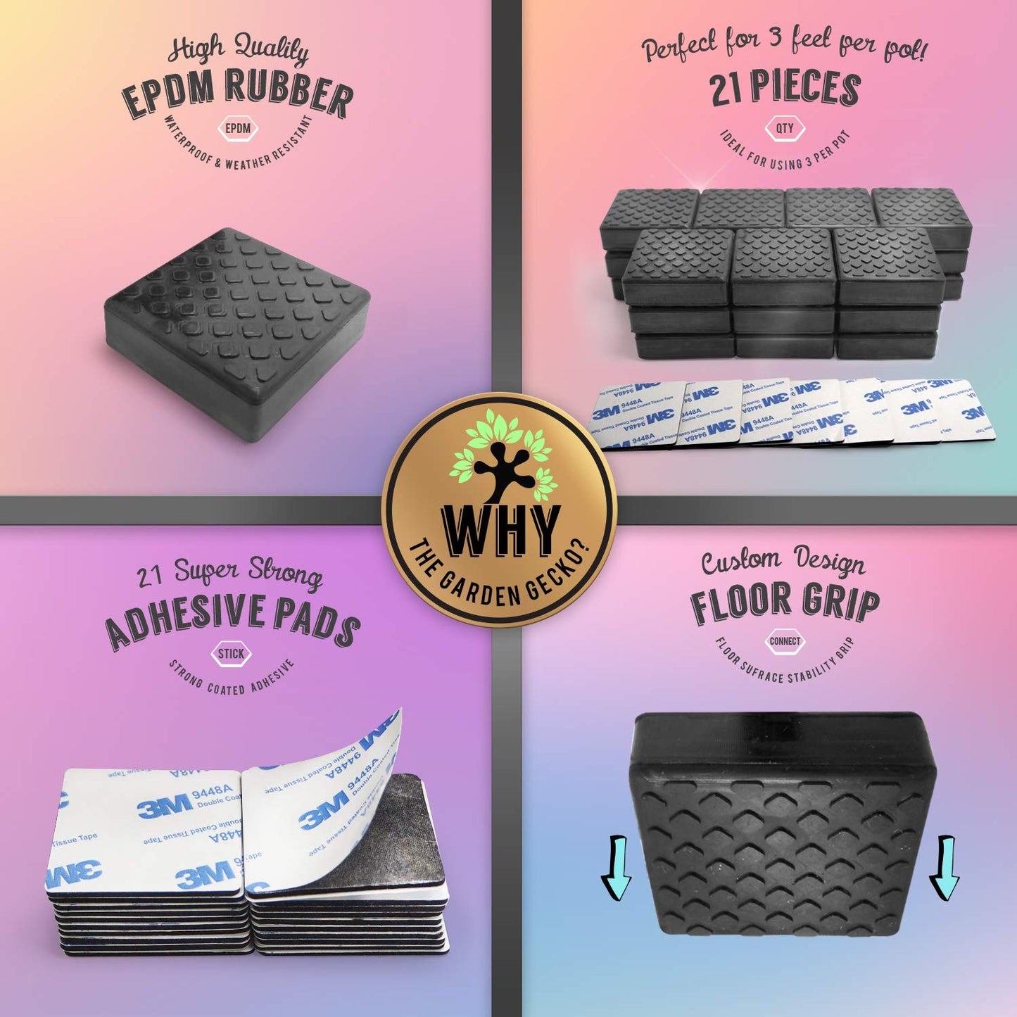 The Garden Gecko Invisible Pot feet for outdoor plant pots and flowers, solid rubber risers with a custom non-slip square surface grip | 21 POT FOOT - 21 STRONG ADHESIVE PADS.