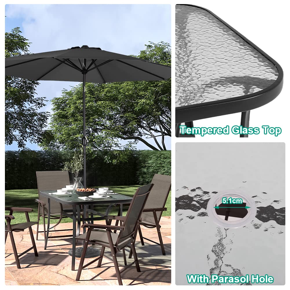 DKIEI 105cm Square Black Outdoor Table with Umbrella Hole, Modern Glass Top for Garden, Patio, Balcony, Backyard