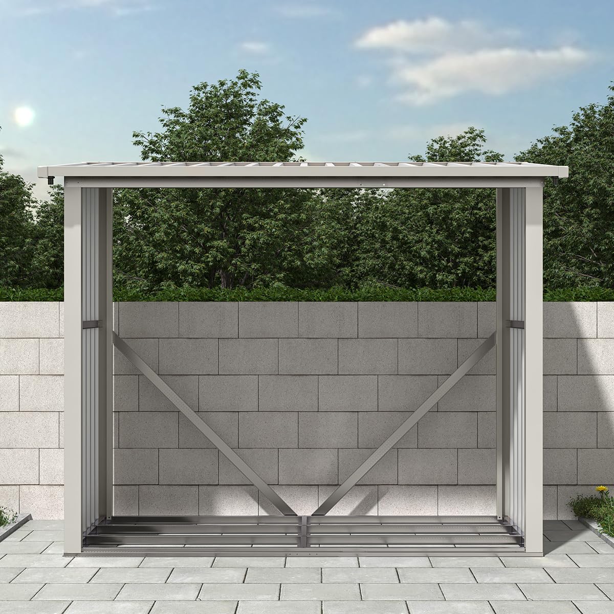 Charles Bentley Metal, Log, Wood Store, Shed, Garden Storage, Raised Floor, Slanted Roof, Back Panels, Gutter Included, Steel, Light Grey, Beige Trim, Log Store, Fire Wood, Logs, 6x3ft (182x89x148cm)