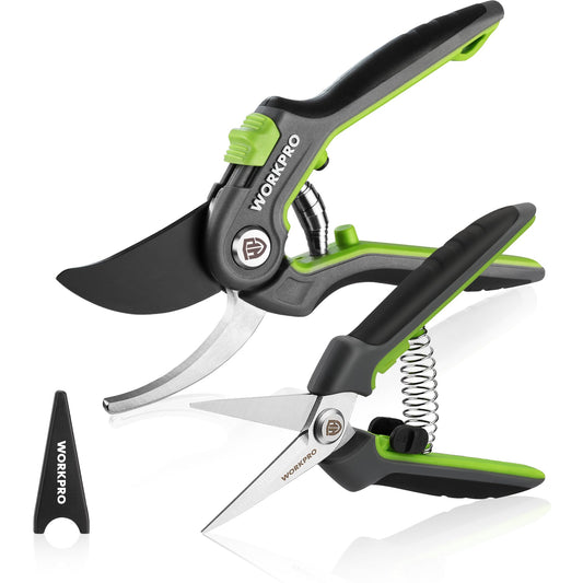 WORKPRO 2-Piece Secateurs & Pruning Scissors | Heavy Duty 210mm Bypass Secateurs with SK5 Blades and 160mm Shears | Labor-Saving Scissors with Safty Lock | Essential Garden Tools for Pruning Flowers