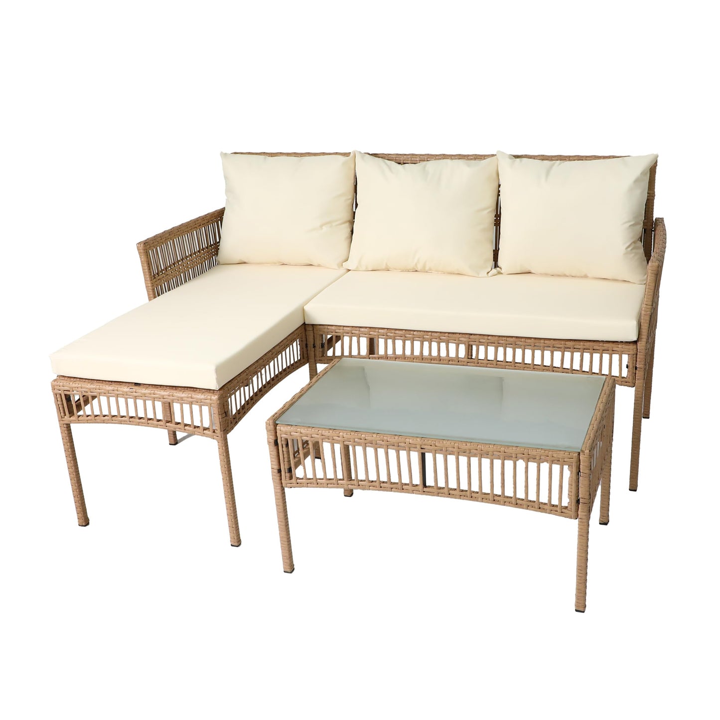 Neo 3 Piece Natural Rattan Wicker Rope Corner L Shaped Sofa Cushions Garden Patio Furniture Set Coffee Table