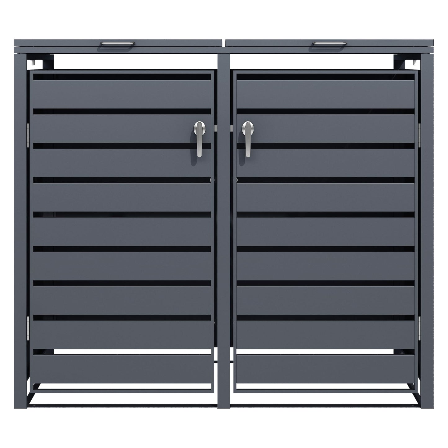 DWD Garden Double Wheelie Bin Hideaway 120L,240L Waste Bin,Storage Shed w/Locking Doors Assisted lift up Lid easy use Outdoor Hygienic Dustbin Cover Powdercoated Steel Matt Grey/Grey Slatted Doors