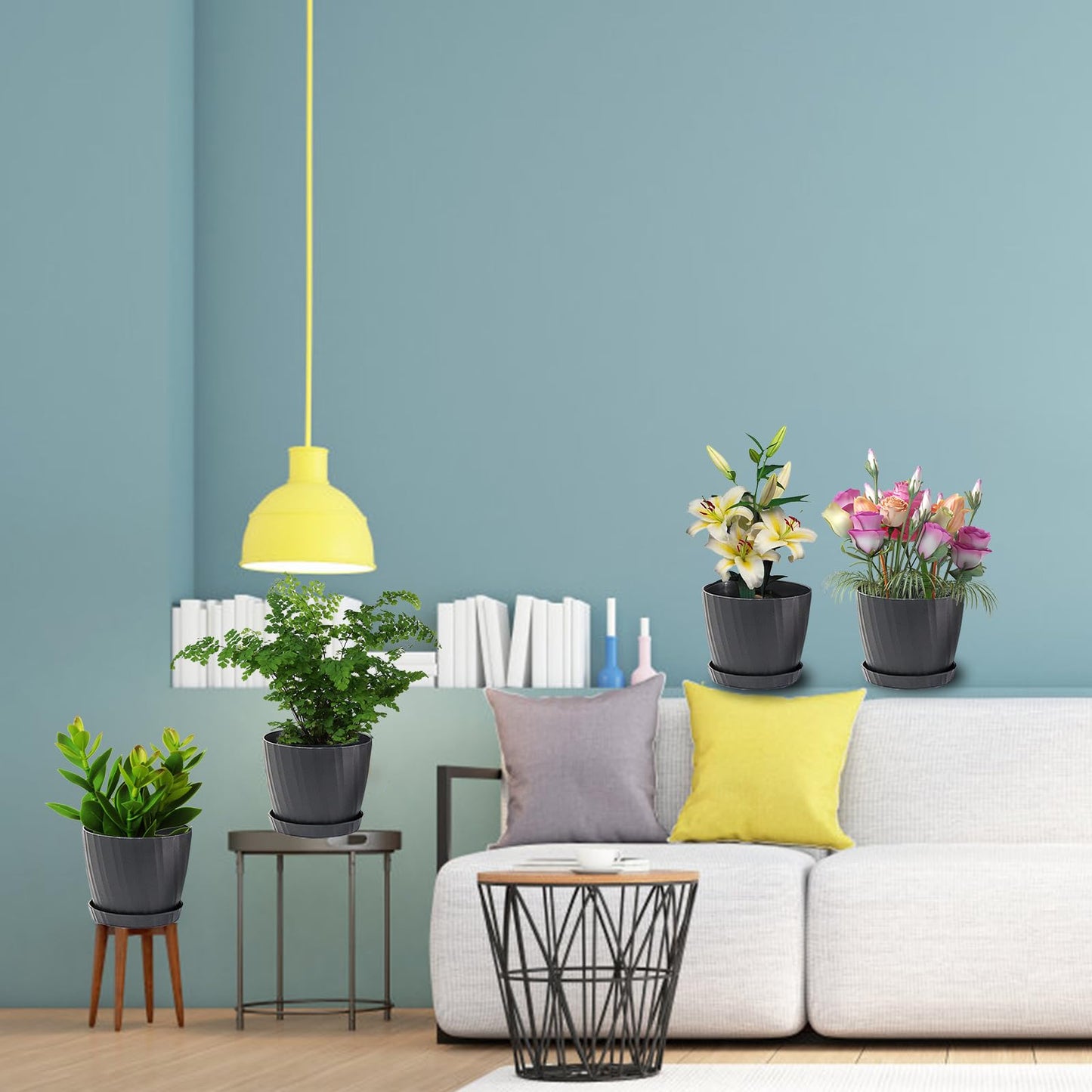 MUAEEOK 18CM 6 Pack Plant Pots Indoor Plastic Planters with Drainage Holes and Saucers for Indoor Outdoor House Plants and Flowers Modern Decorative Planter Pot for All House Plants (Black)