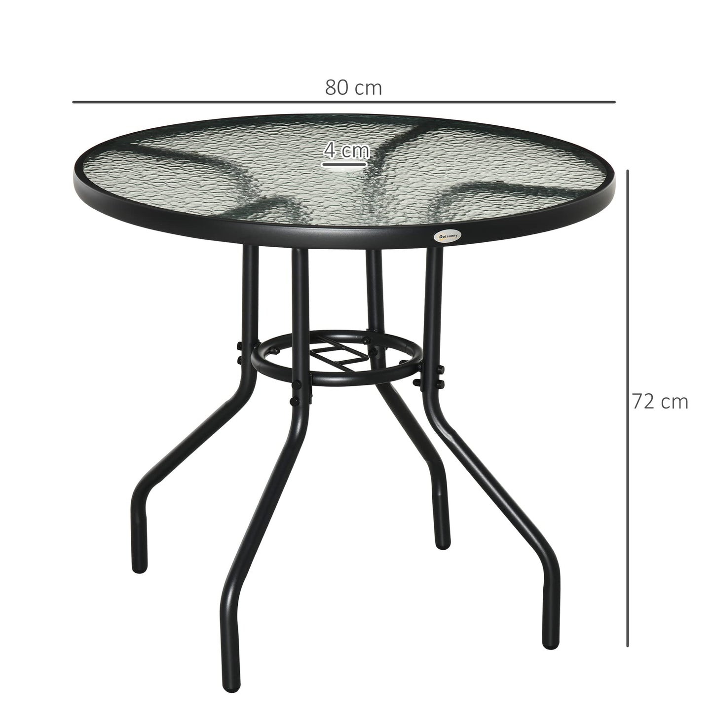 Outsunny Outdoor φ80cm Round Dining Table Tempered Glass Top Steel Frame Bistro Coffee End Side Table Garden w/Parasol Hole