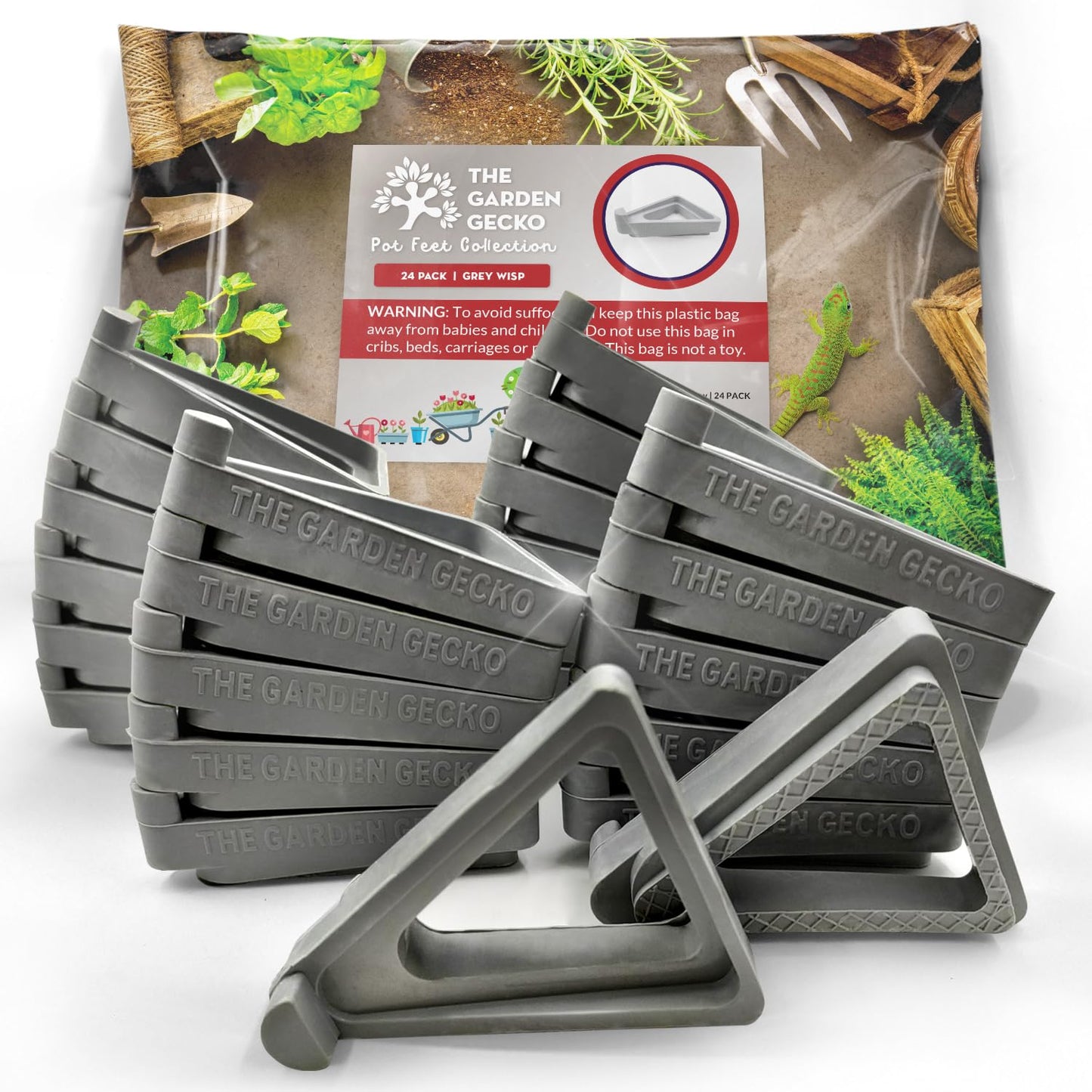 The Garden Gecko Pot feet for outdoor plant pots and flowers, solid rubber pot risers with a custom non-slip surface grip | 24 Triangle Hollow Pot-Toe Pcs | GREY WISP