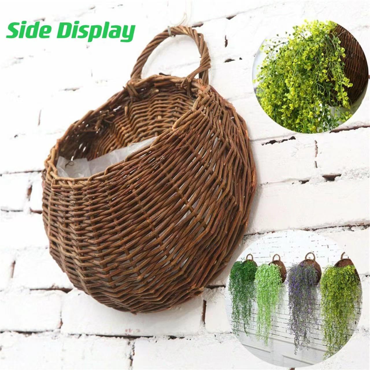 Mgoodoo Hanging Planter Basket with Wicker,Round Hanging Flower Plant Pot Plant Basket for Indoor Outdoor Garden Porch Decoration, 22 * 26CM，1pc
