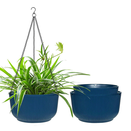 RooTrimmer Hanging Planters for Indoor Plants 9/10/11 Inch, 3 Pack Plant Hanger Outdoor with Drainage Holes, Self Watering Hanging Basket Flower Pot for Garden Home Decor, Dark Blue