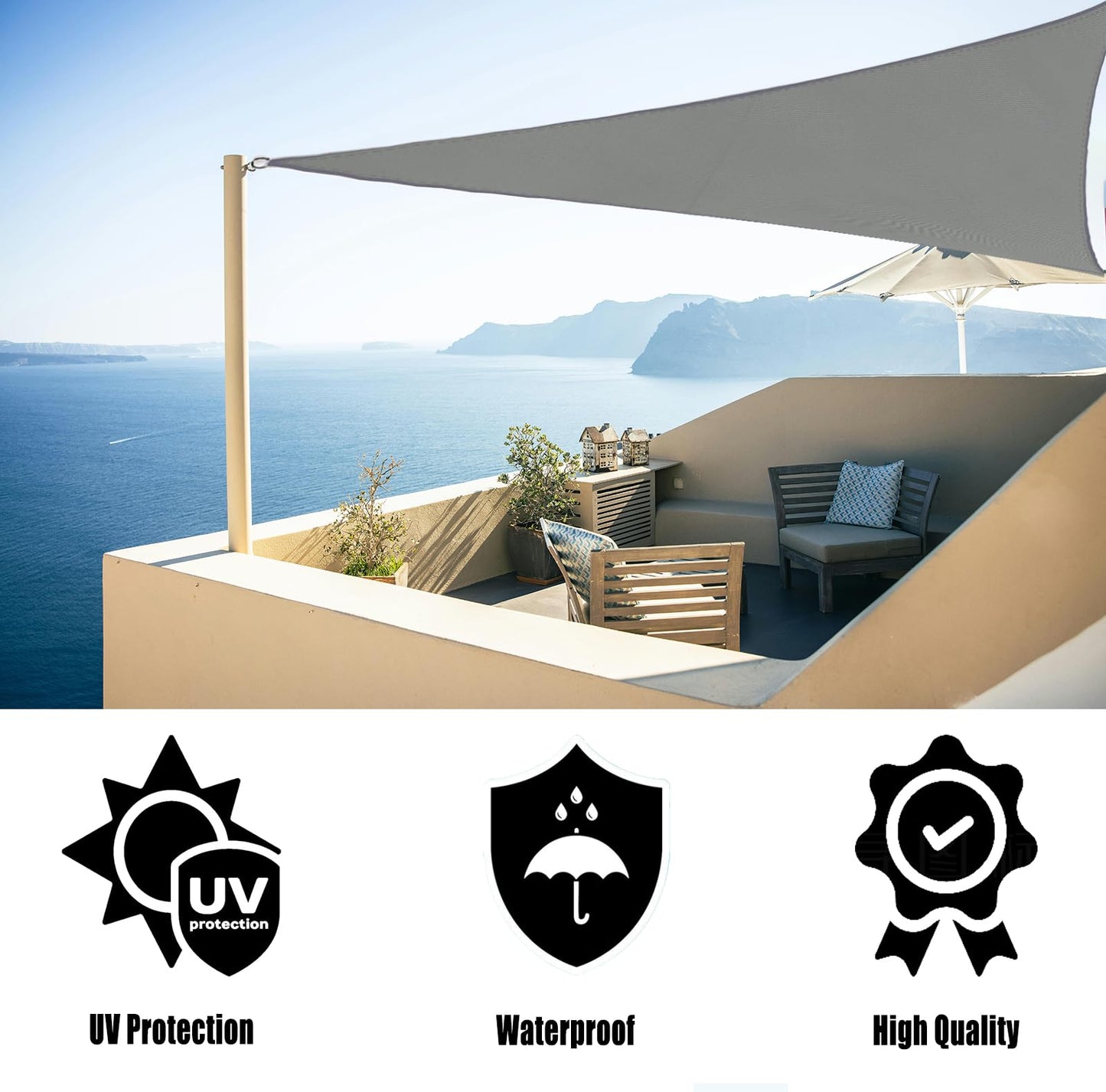 Triangle Sun Sail Shade Waterproof, 3mX3mX4m Grey Garden Sail Right Angle Garden Canopy with 4 Sizes Optional, 3 Ropes, UV Block, Patio Sunshade Sunscreen Awnings Hot Tub Shelter for Outdoor
