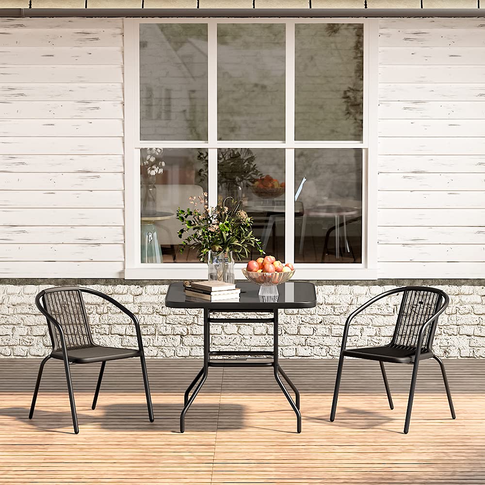 The Fellie Garden Table Outdoor Dining Table Tempered Glass Top Coffee Table Patio Table with Parasol Hole (Square-80 x 80 x 72cm)