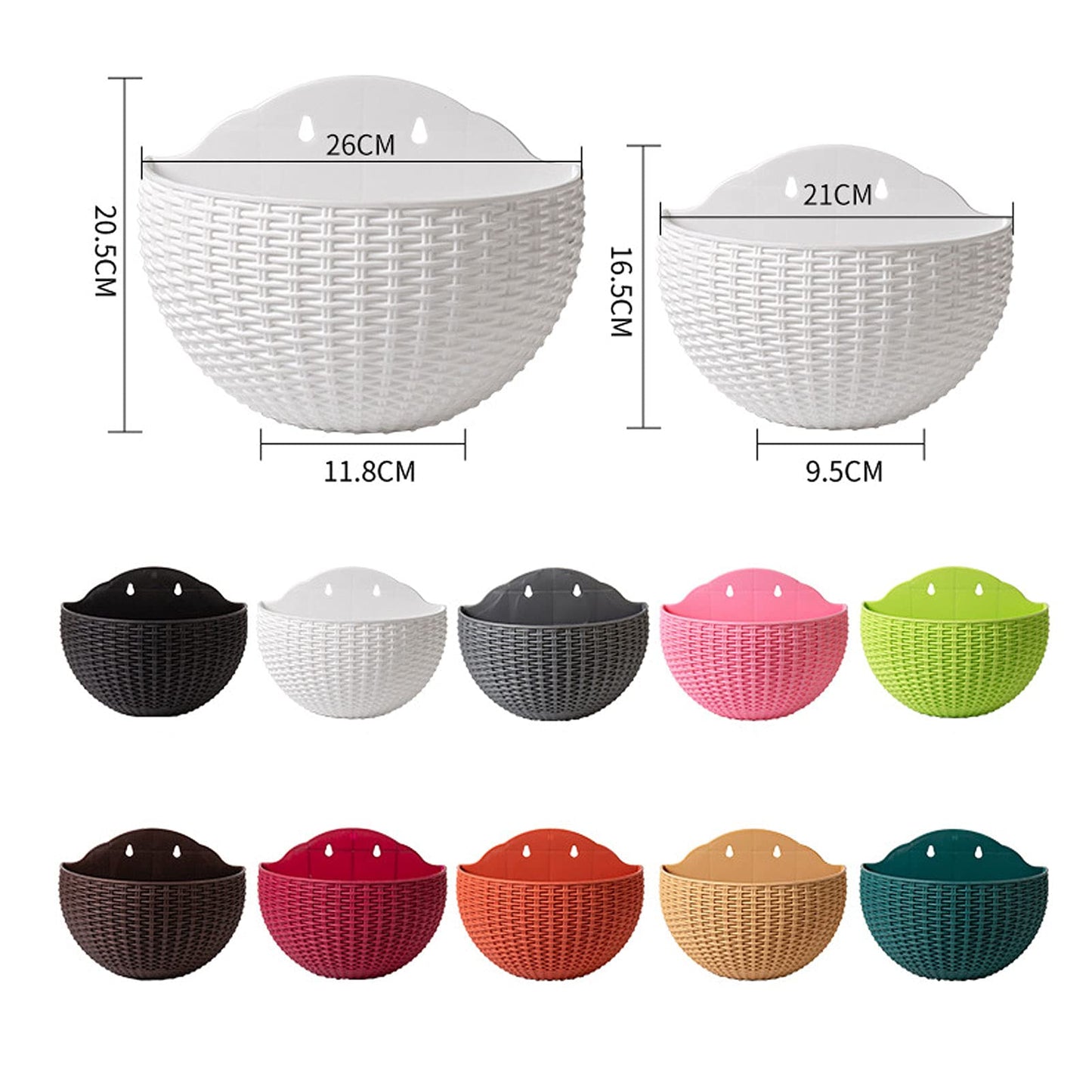 2 Pcs Imitation Rattan Wall Hanging Flower Pot, Semicircle Hanging Planters Outdoor with Drainage Hole and Hooks, Plastic Garden Hanging Basket for Balcony Fence (Coffee)