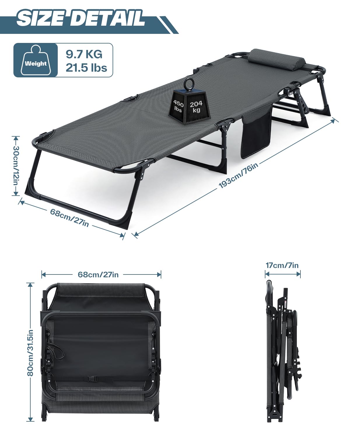 Sun Lounger 5 Position Adjustable, Sunloungers with Mattress and Headrest for Garden Recliner Beach Terrace Pools Camping Bed Guest Bed for Home, Office Nap, Indoor, Camp